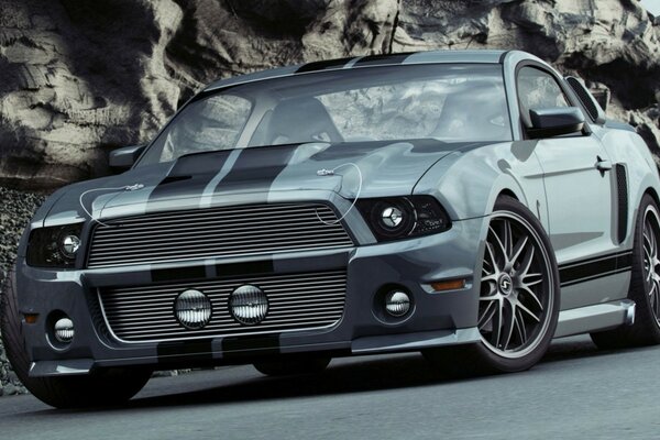 Ford mustang gris en terreno rocoso