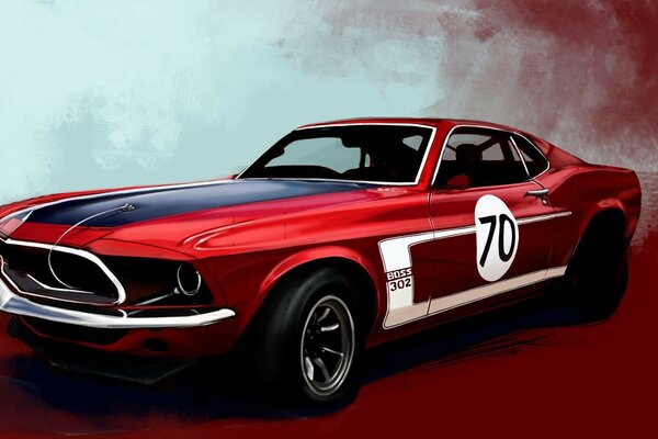 Roter Ford Mustang Boss 302 mit Sportaufkleber