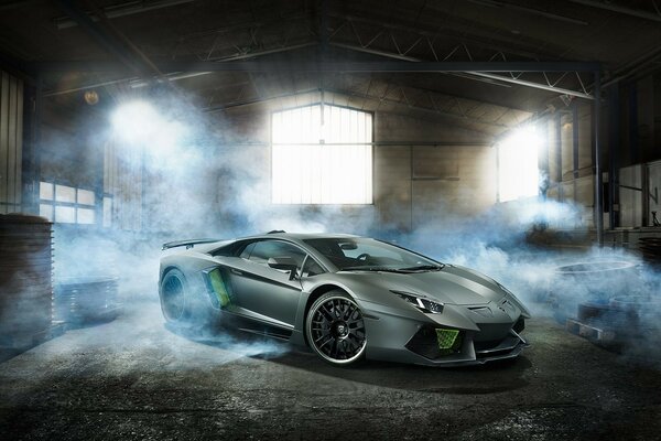 Lamborghini Aventador grey in the hangar