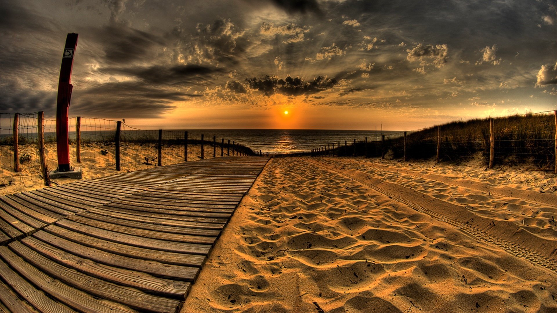 verfolgen sie den sand holzweg meer sonnenuntergang strand wolken horizont sand abend