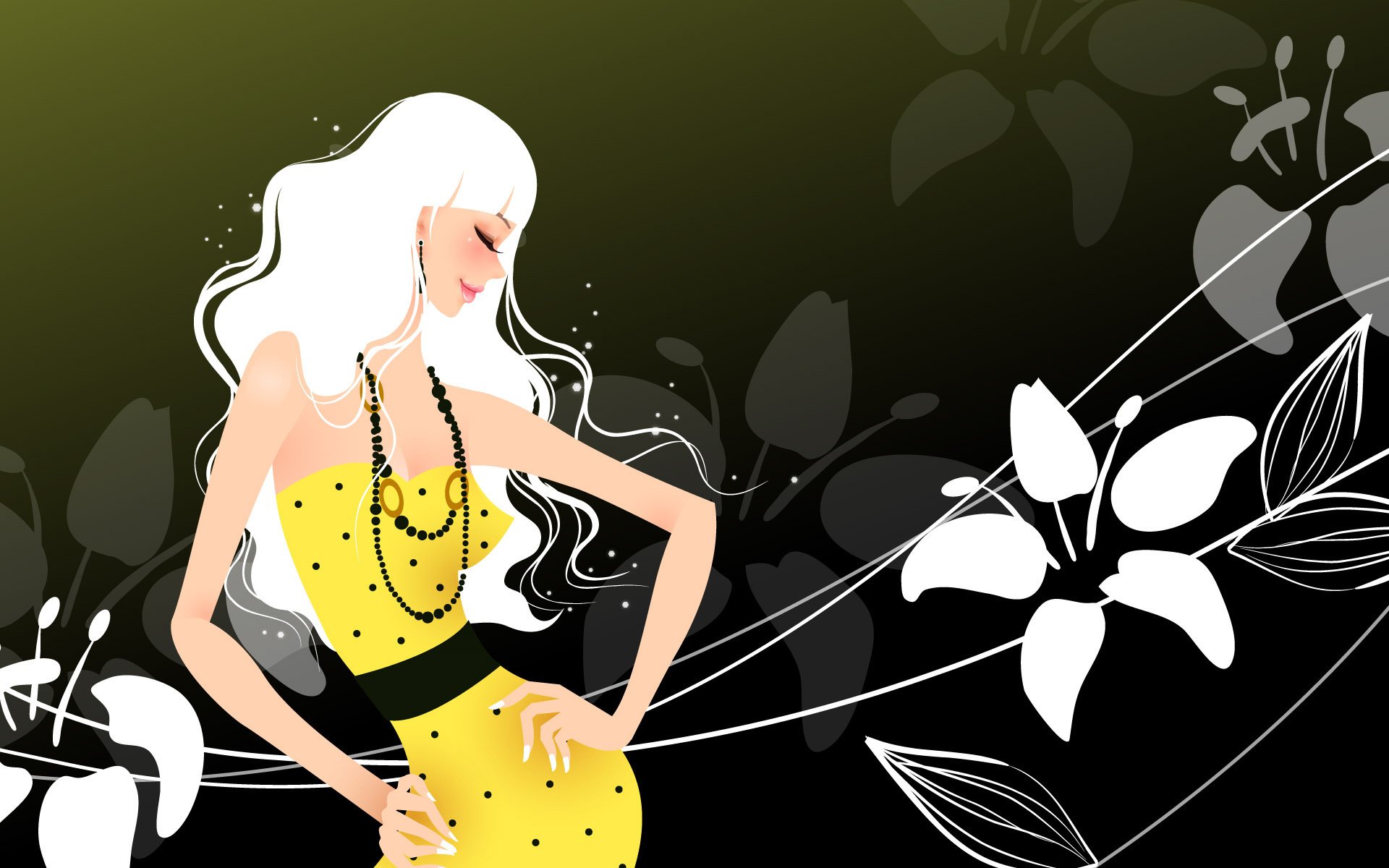 black and white flowers yellow dress blondie figure girl blonde beads waist glamour postcard march 8 holiday spring background