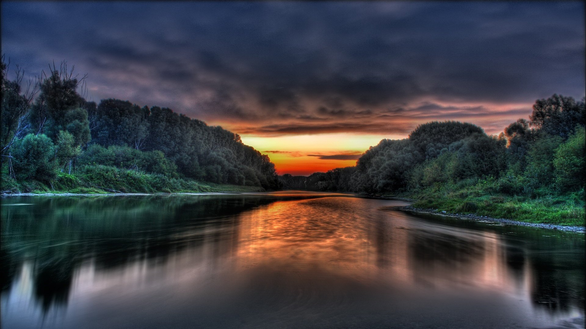 heavenly beauty sunset mirror river forest the two banks landscape nature surface for greens tree