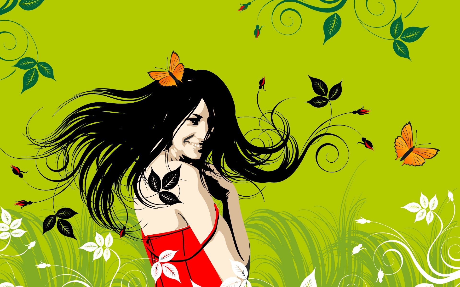 bright green flowers dark-haired beauty butterfly brunette the red sarafan smile holiday march 8