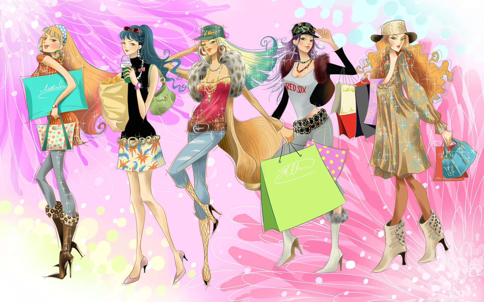 fashionistas belleza chicas dibujadas glamour chicas paquetes compras regalos vacaciones 8 de marzo sombreros pieles cinco novias