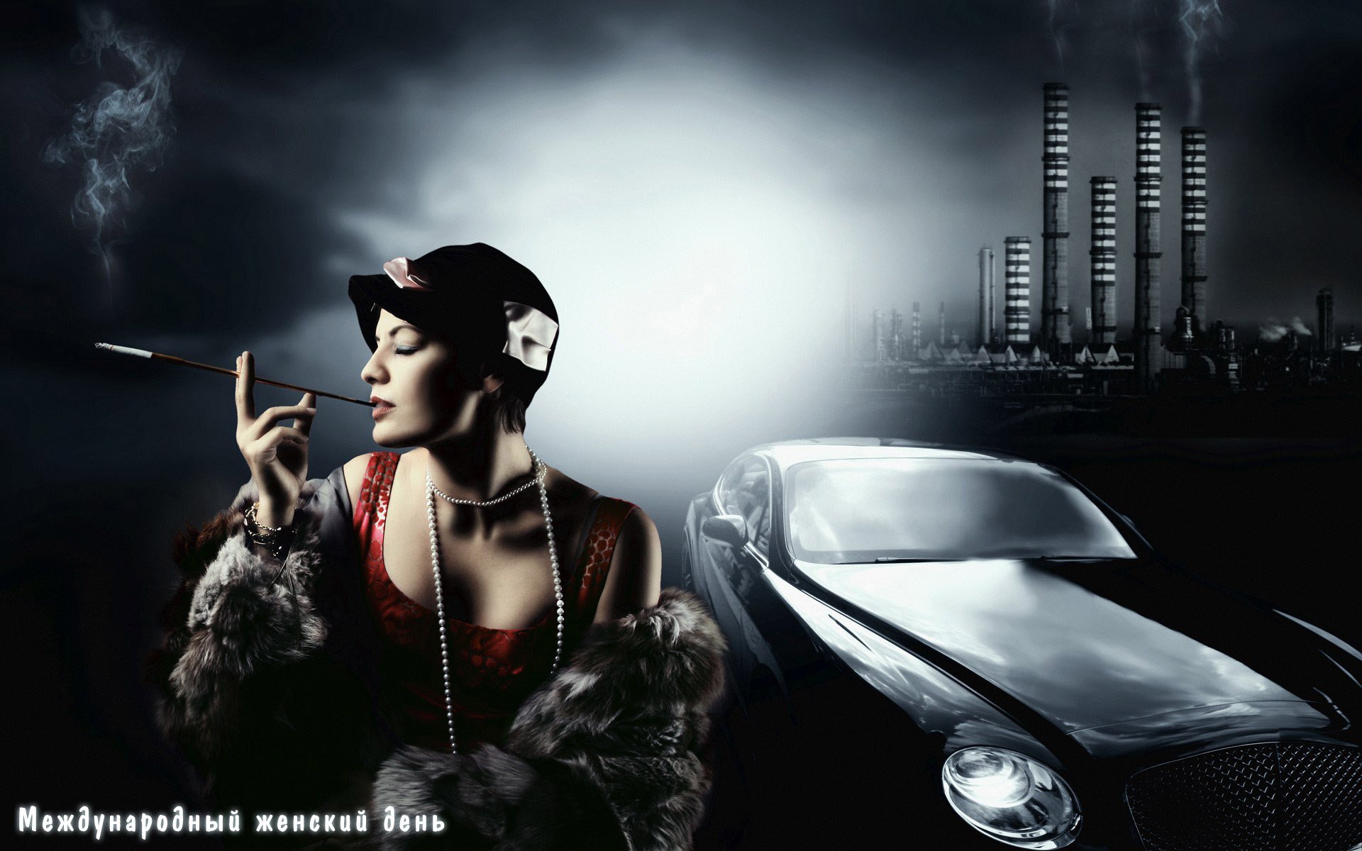 woman vamp long cigarette black car girls luxury coat bentley pipe plant smoke beads fur headdress the red sarafan glamour profile darkne