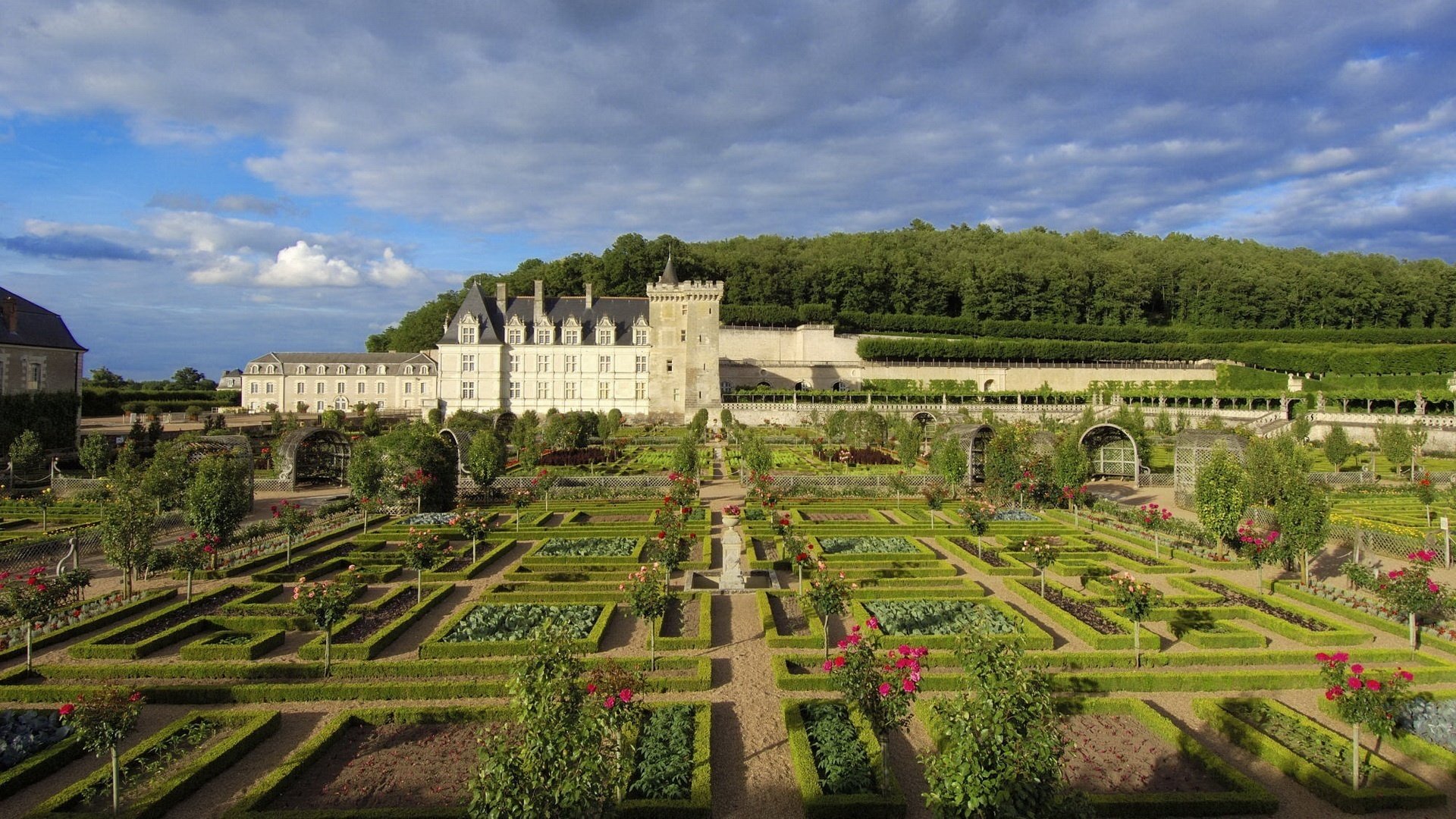 chamber huge garden flowers castle forest trees the sky height park cloud