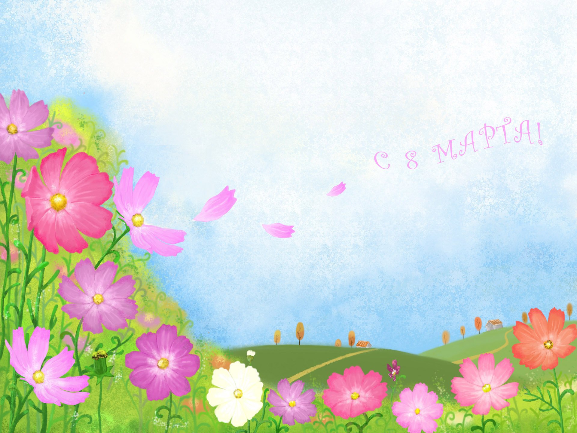 flowers cartoon meadow flowers mounds holiday march 8 freshness petals greens the sky