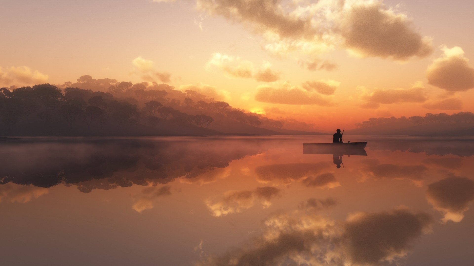 pêcheur solitaire brume rose lac coucher de soleil eau gens brouillard pêche horizon nuages paysage nature forêt arbres réflexion homme bateau étang