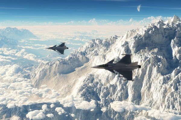 Dos aviones de combate sobre montañas nevadas en un día soleado