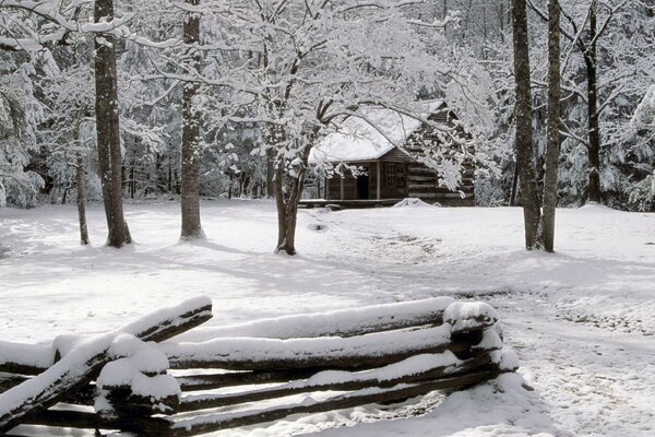 Casa del guardaboschi in inverno nella foresta