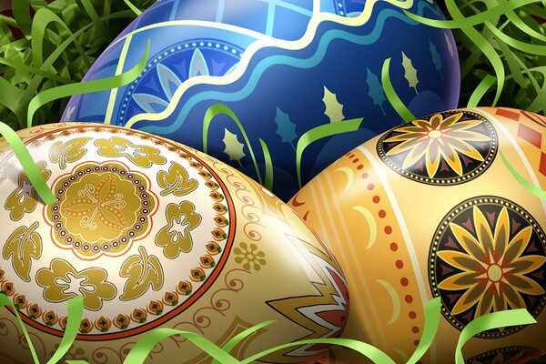 Uova di Pasqua decorate su uno sfondo di nastri verdi