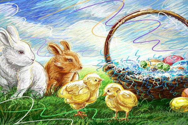 Rabbits and chicks look into a basket with eggs