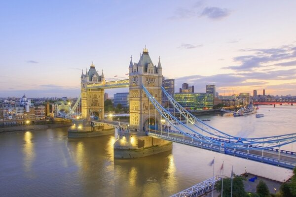 Magnificent bridge on the river with stone towers