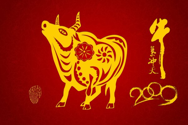 Golden cow 2009 on a red background