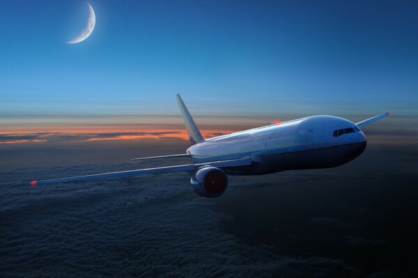 Avión sobre las nubes nocturnas con la Luna