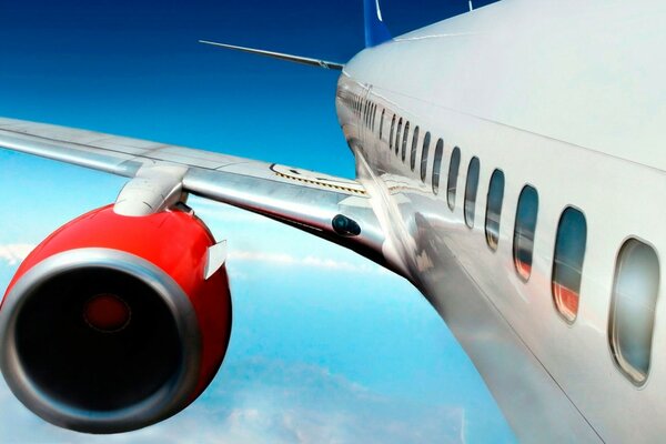 Il passeggero è comodo in un tale aereo per volare con vista sulla turbina rossa nel cielo blu