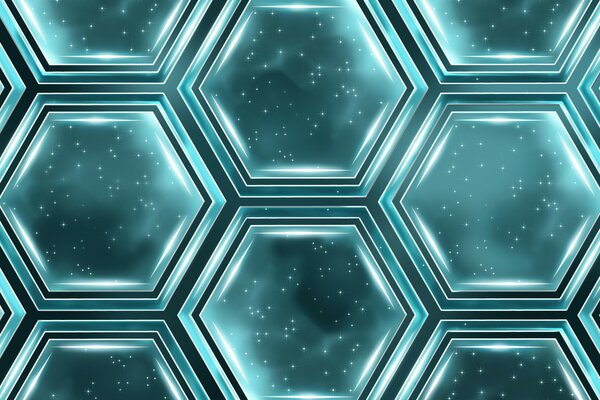 Turquoise hexagons floating overhead