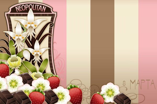 Cioccolatini, fragole e fiori su sfondo a strisce