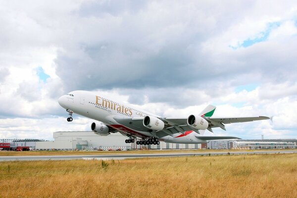 The airliner takes off high into the sky