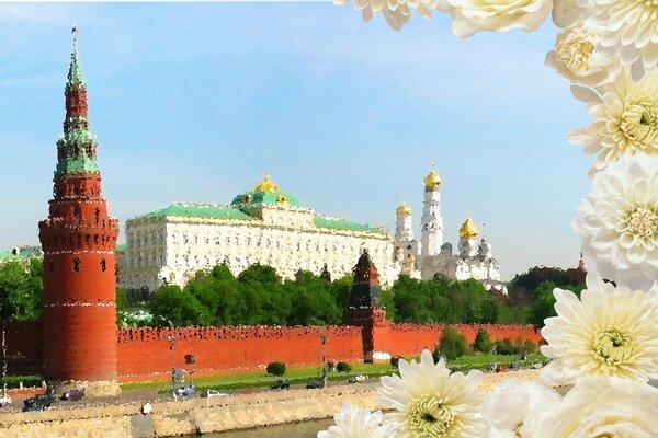 Collage avec des fleurs et des photos du Kremlin sur une journée ensoleillée