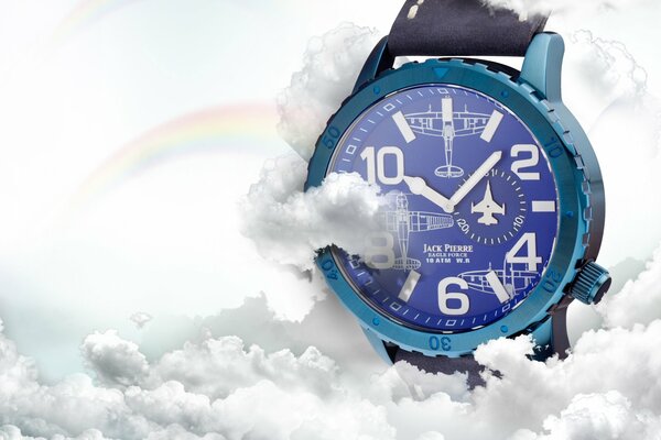 Advertising of watches flying in the clouds