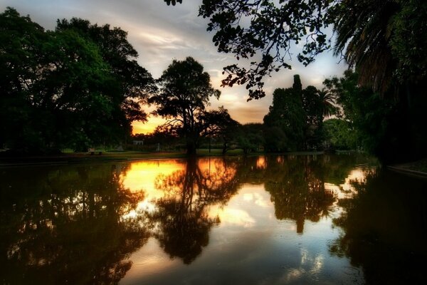 A lake in a dark forest against a beautiful sunset