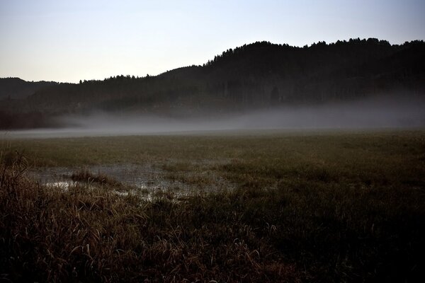 Morning fog at the foot of the mountains