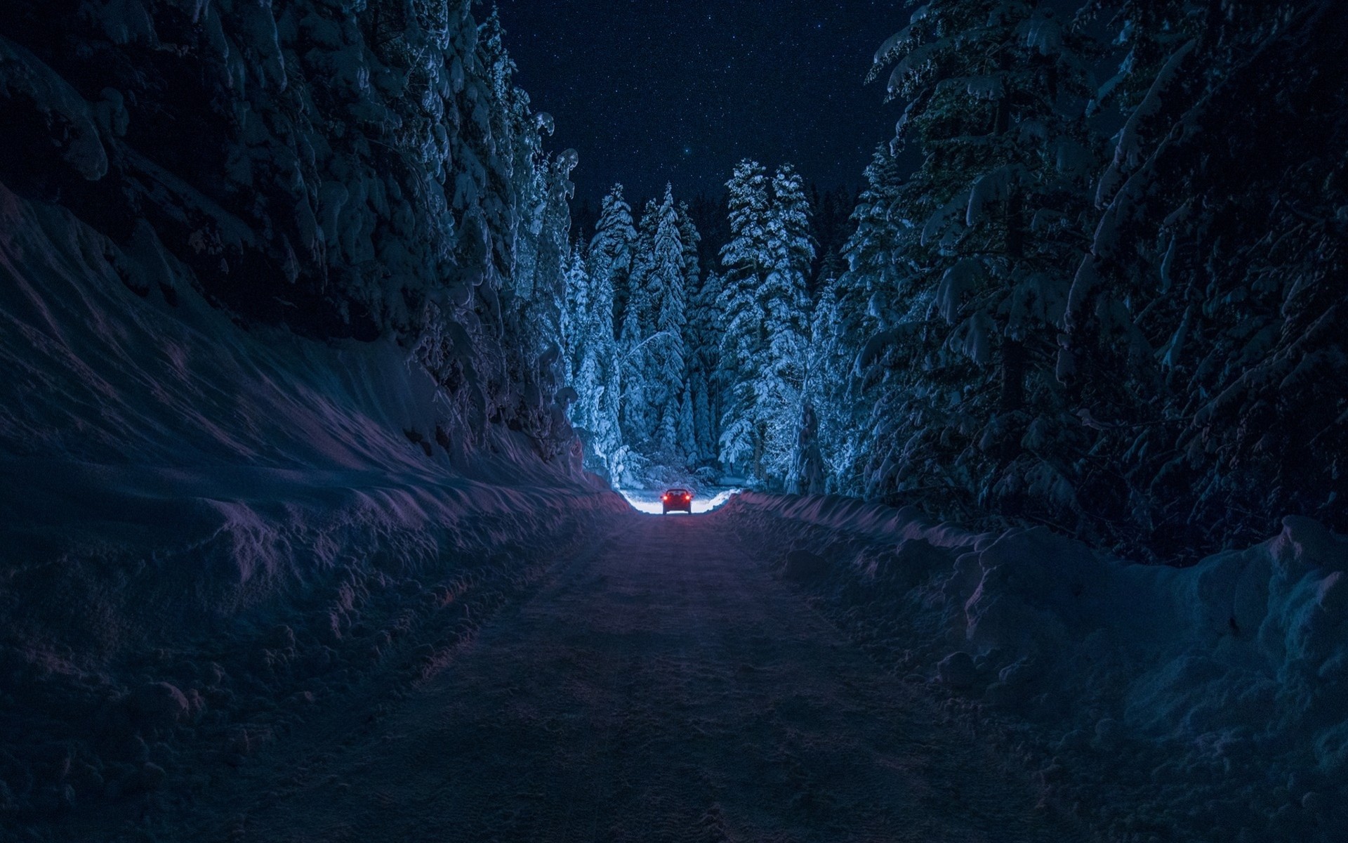 schnee straße auto nacht baum blau winter