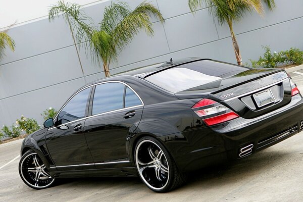 Black car on the background of a fence with palm trees