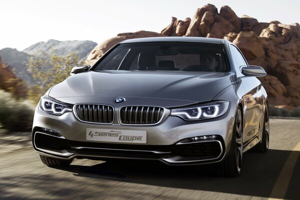 Wide grey BMW in the mountains