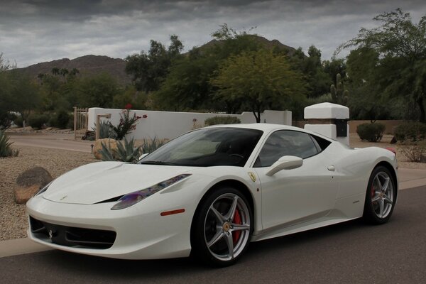 A white ferrari 458 italia car is on the road