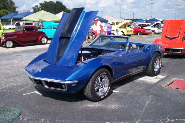 Blue corvette for the exhibition with an open hood