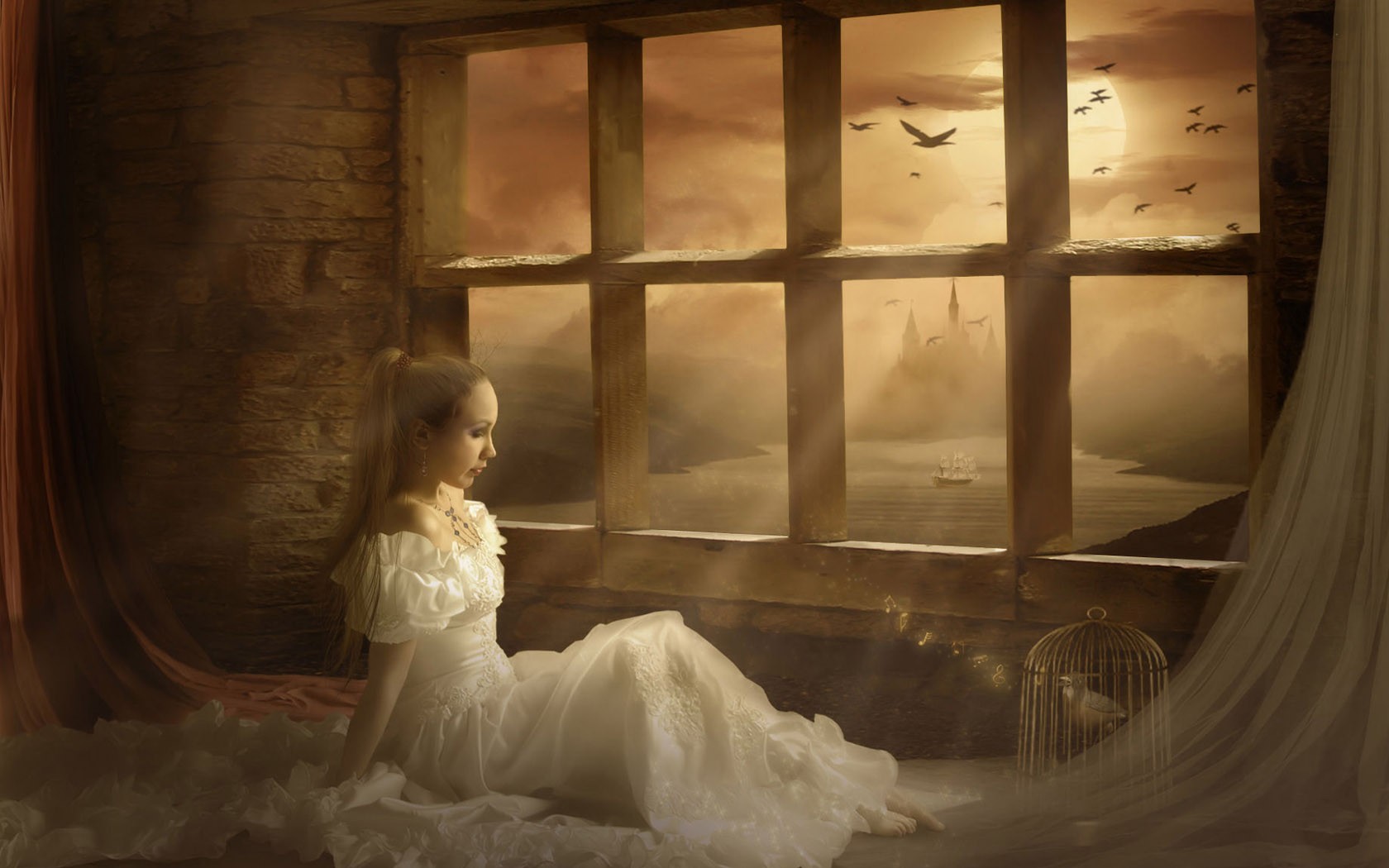 girl dress window curtains castle