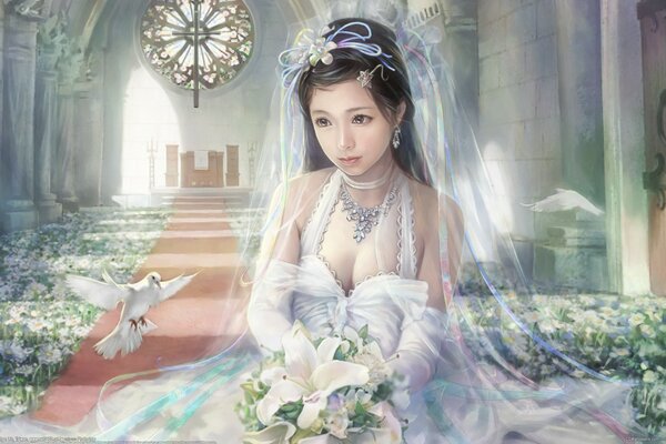 Asian bride with a bouquet in her hands on the background of a temple with a red carpet and flying pigeons