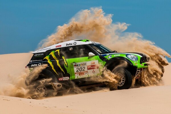 Green mini cooper in the desert