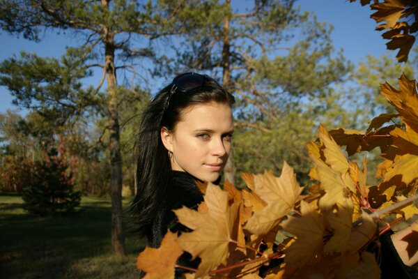 A girl on the background of an autumn landscape with trees