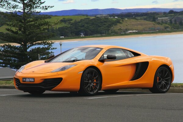 Voiture orange vif sur fond de nature