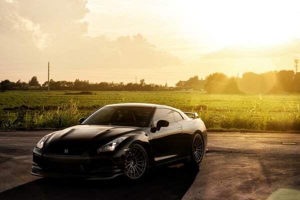 Dark Nissan on the field under the bright sun