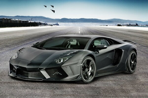 Tuned lamborghini aventador car at the airport