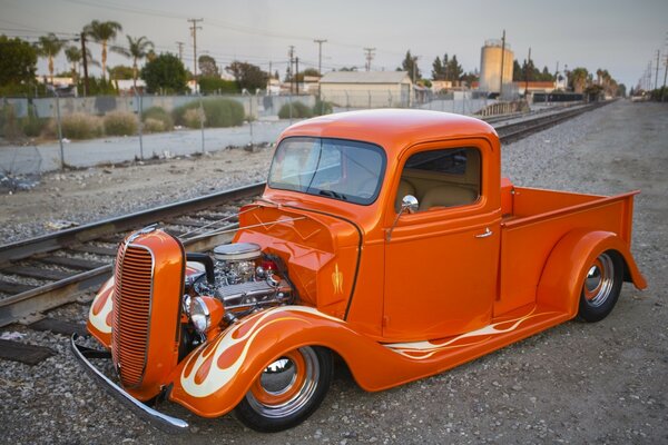 Classic orange hot rod truck