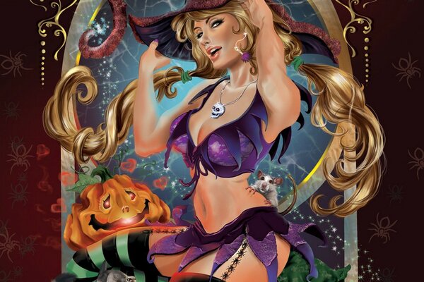 Chica rubia de fantasía en traje de bruja de Halloween con calabaza parlante