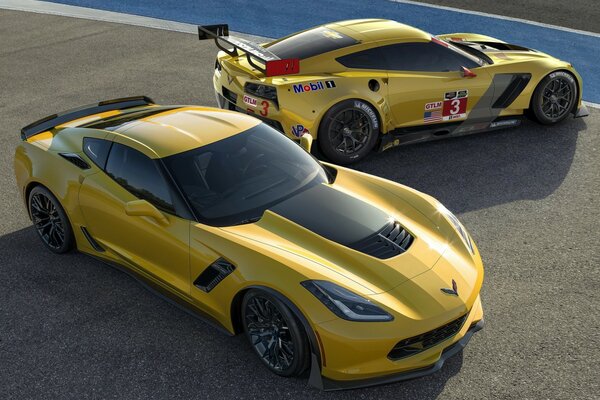 Corvette amarillo en asfalto marrón