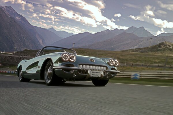 Voiture rétro sur beau fond de montagne