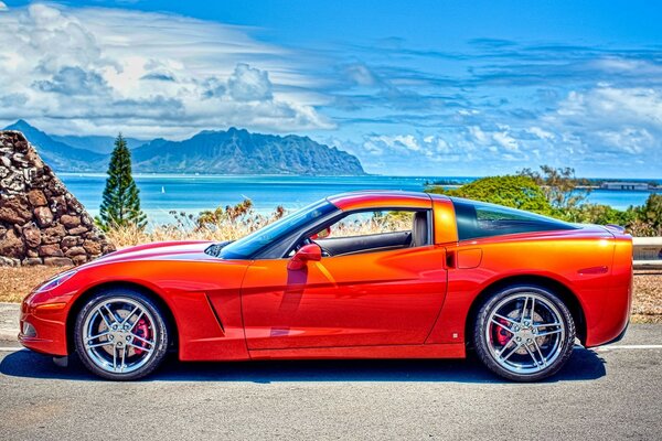 Sporty red Chevrolet in nature