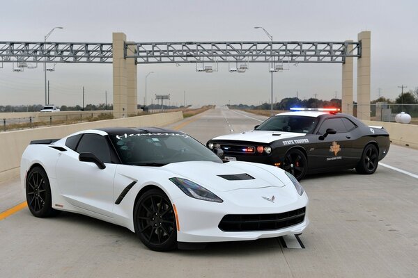 Zwei Sportwagen auf der Strecke. Weiße Rennsport- und Polizeikorvette