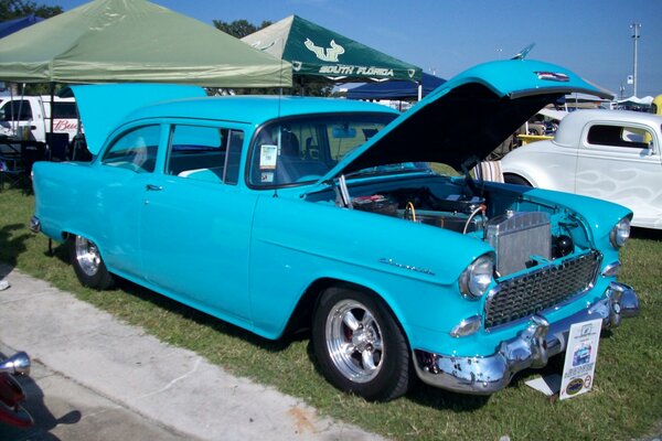 Blue retro car at the exhibition