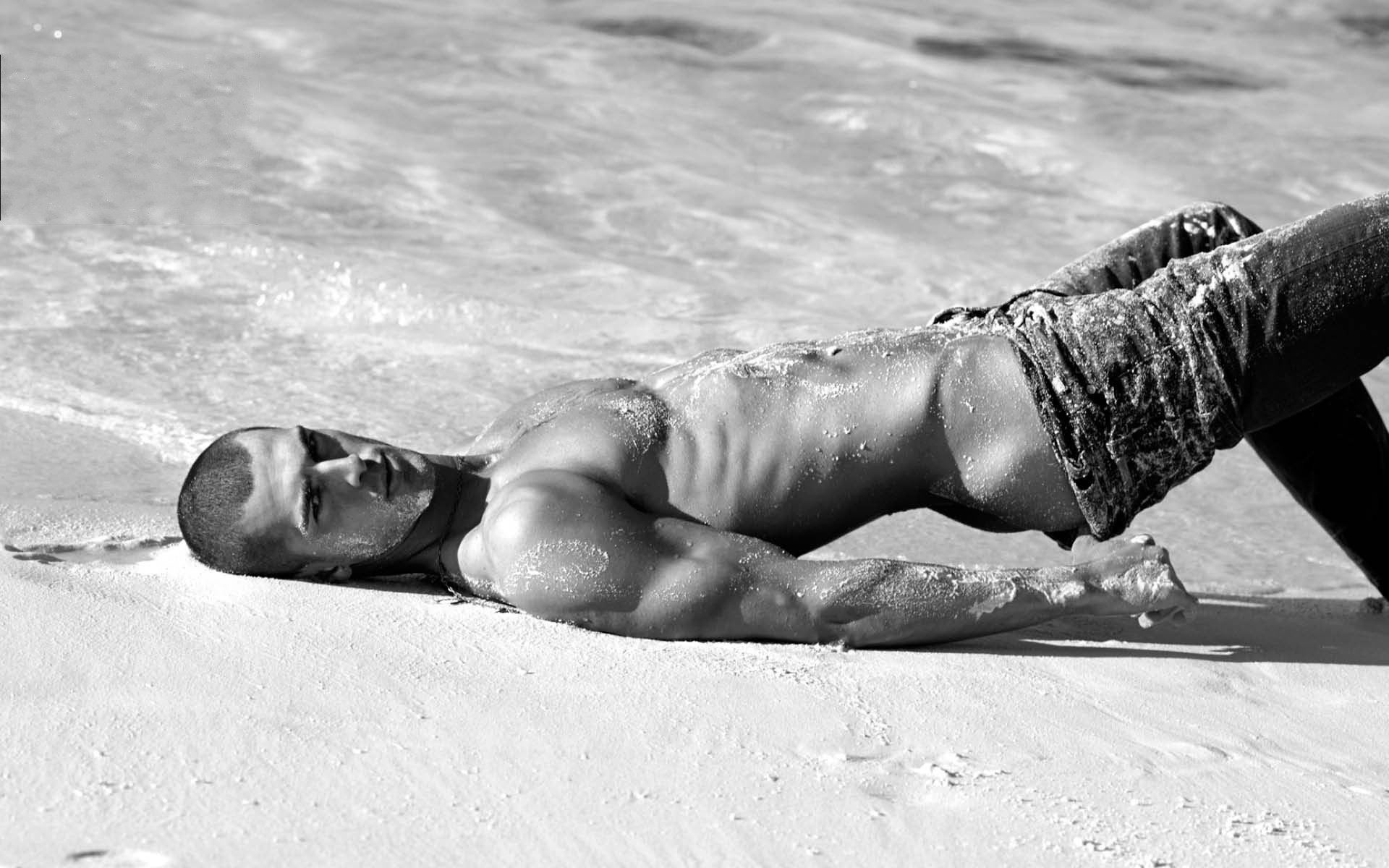 guy coast muscles look jock sexy erotic sand torso grey face black and white