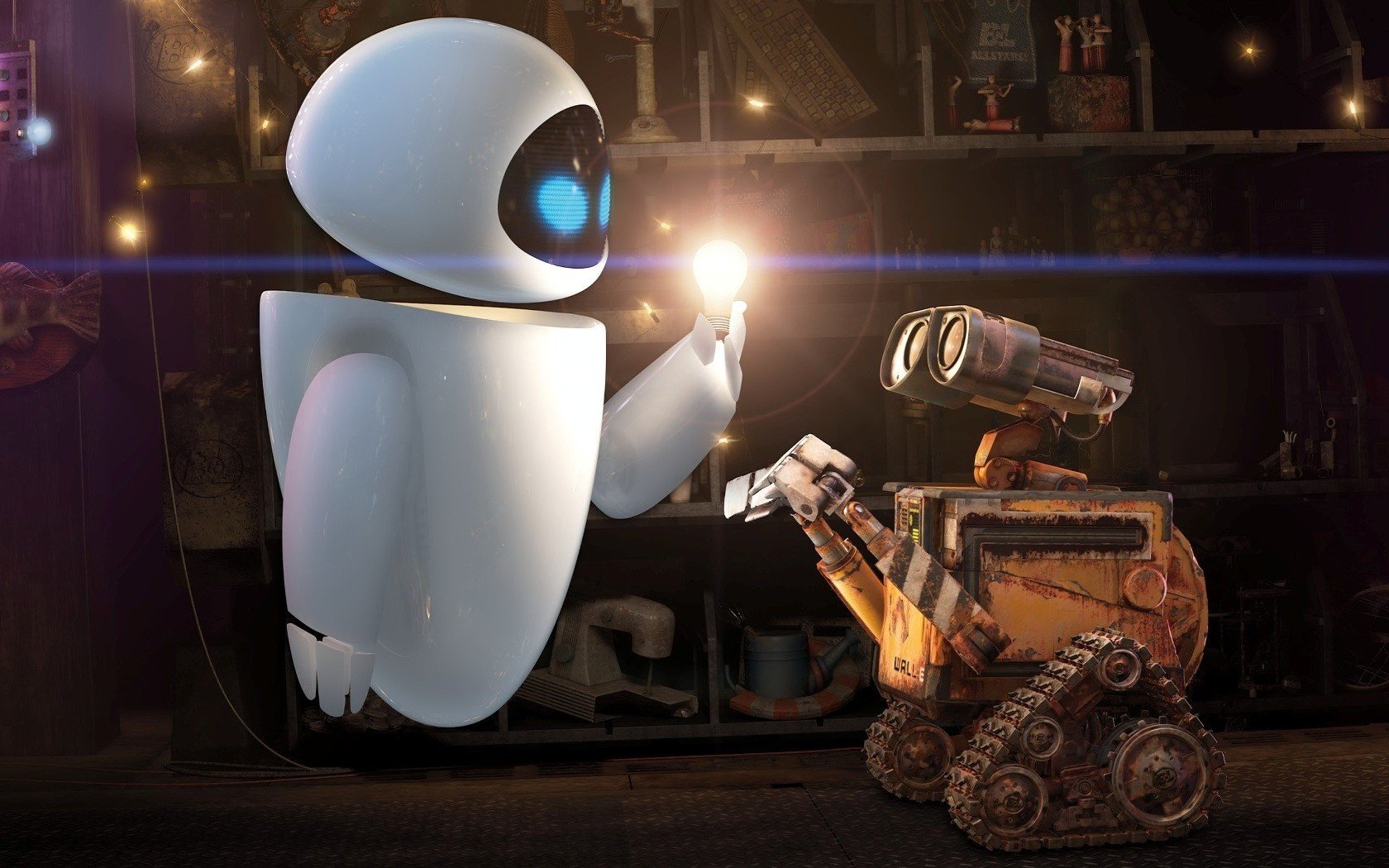 bombilla luminosa walle eva emociones ficción cine cyborgs androides amistad