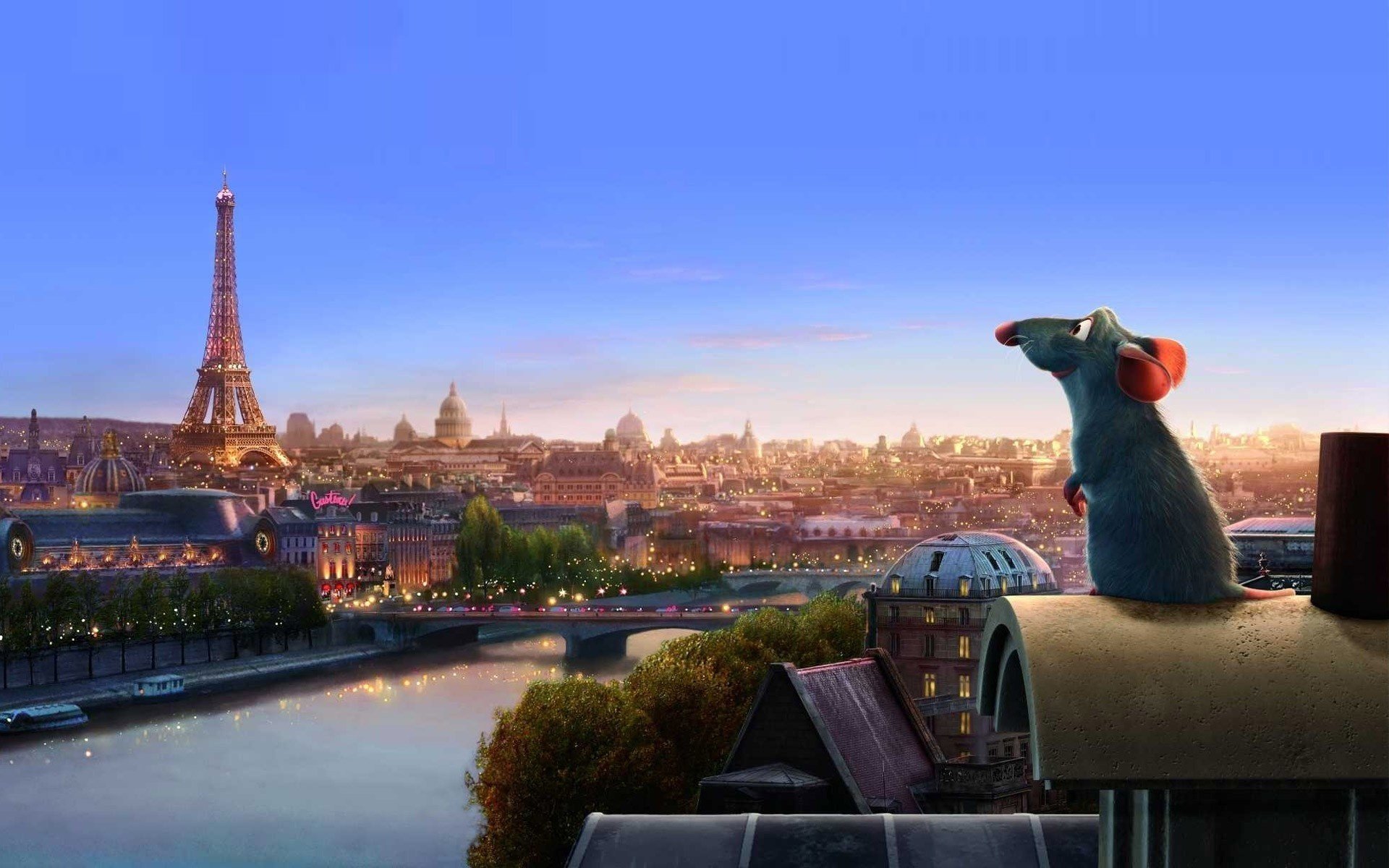 gray mouse on the roof of the city ratatouille drawings anime cartoons tower city