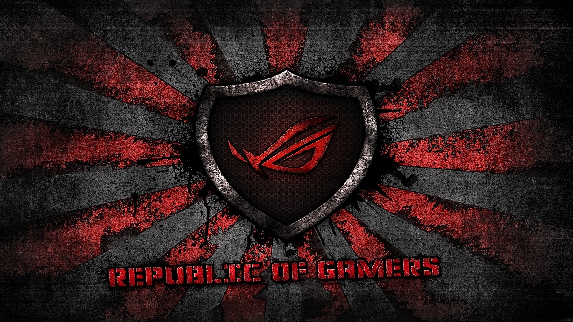 asus logo rog asus gamer république des joueurs rayons du soleil marque rouge gris fond